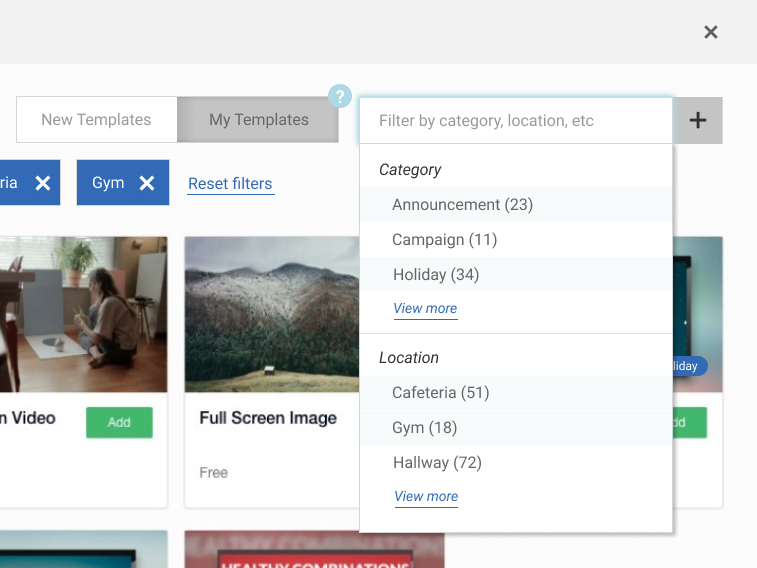 A screenshot of the Template Library window with the opened 'filtered multi-select list'